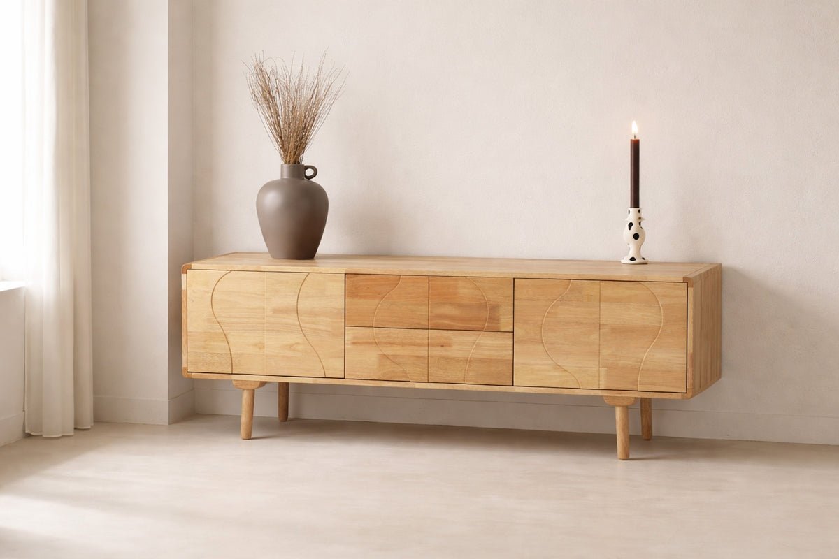 Luxusbetten24 Kommode Feri Sideboard 180 cm Gummibaumholz Natur Wohnzimmer