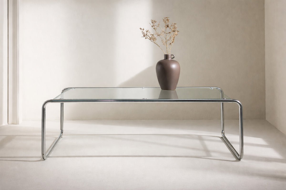 Luxusbetten24 Andi Couchtisch, Glastisch mit silbernem Metallrahmen, Silber