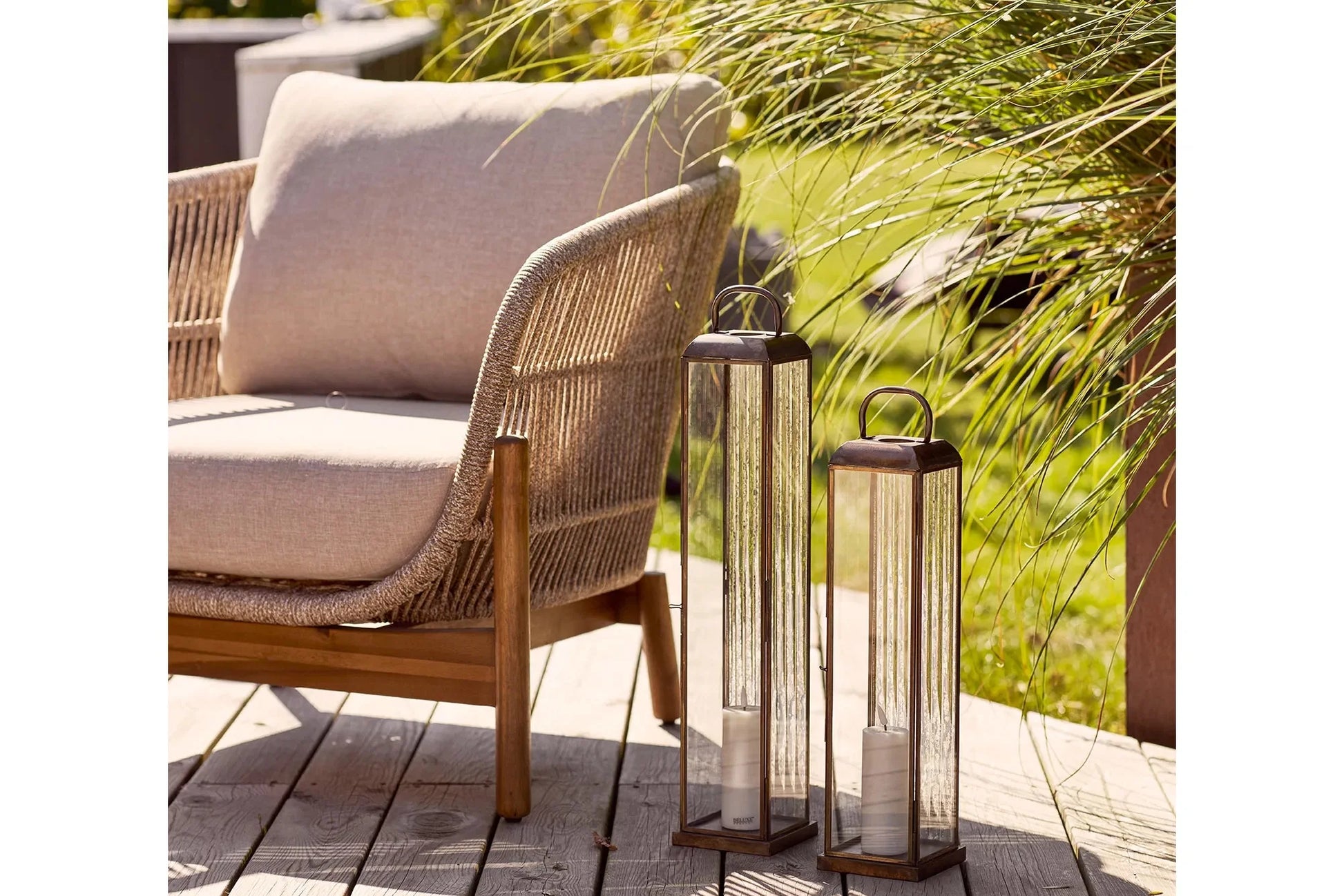 Luxusbetten24 Solmera Gartenkerzenlaterne Metall Glas Bronze für Außen