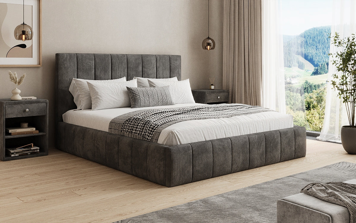 Designer Polsterbett Maja in Cord mit Stauraum