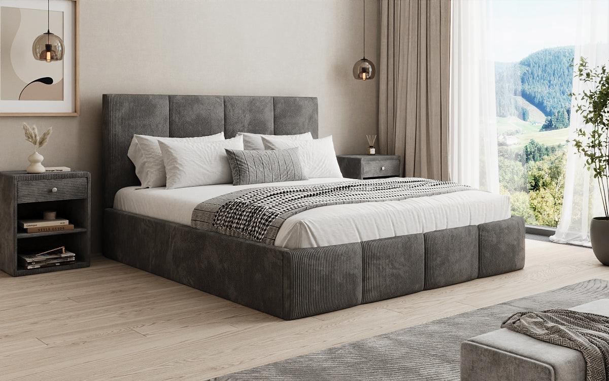 Mina Designer Polsterbett Cord – 140 × 200 cm, wählbare Kopfteilhöhe, Farben