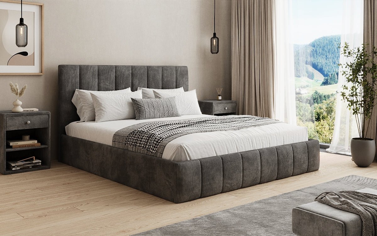 Designer Polsterbett Mila in Cord, 140×200 cm, Beige, 70 cm Kopfteil