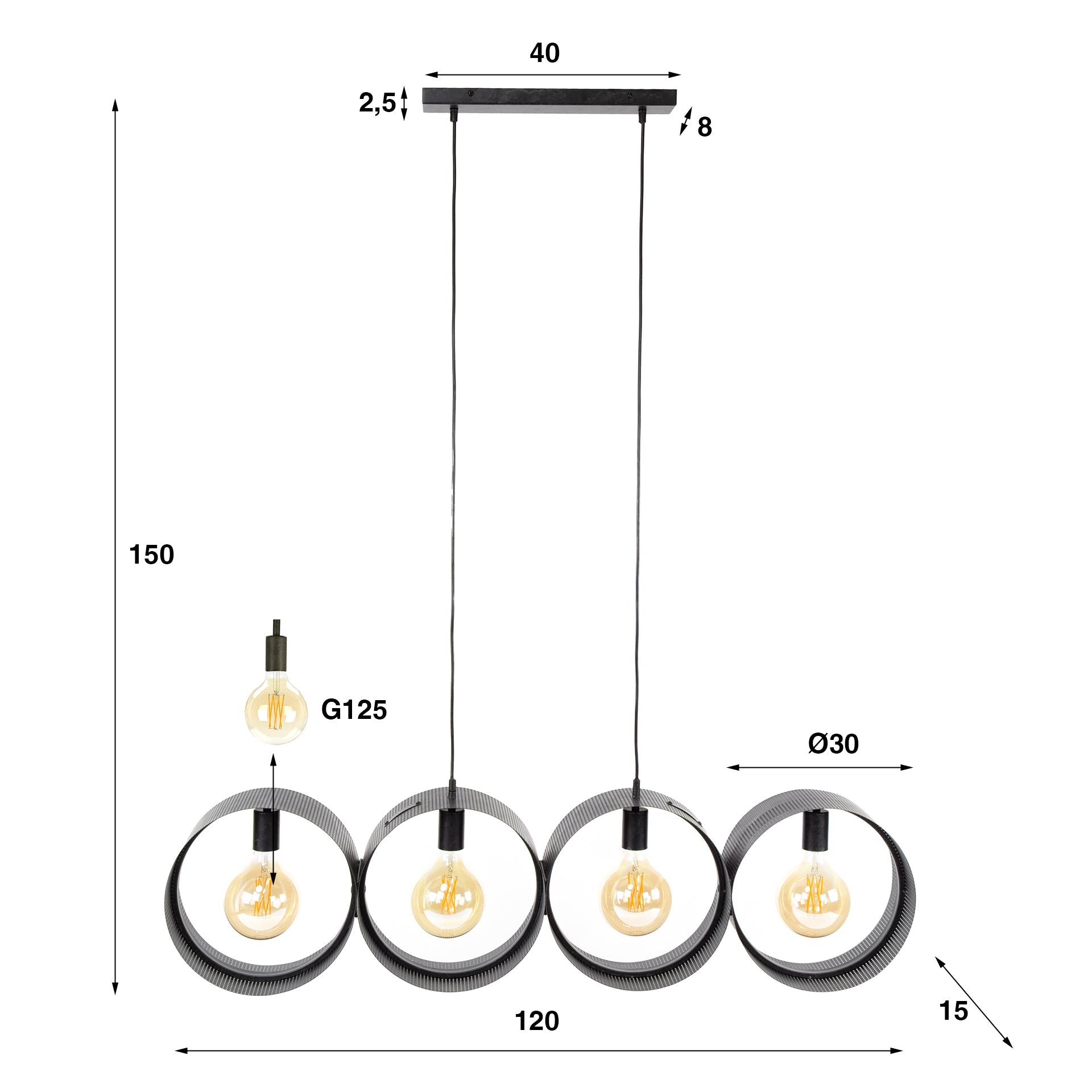 Pendelleuchte Calyra – Mit 4 Leuchten und perforierten Ring‑Lampenschirmen in Anthrazit