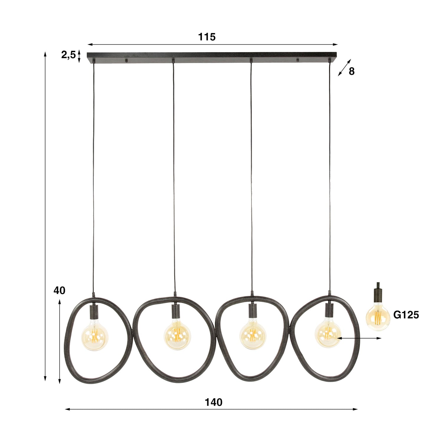 Luxusbetten24 Vionara Pendelleuchte – 4‑teilig Ring aus Arktisch Schwarzem Metall