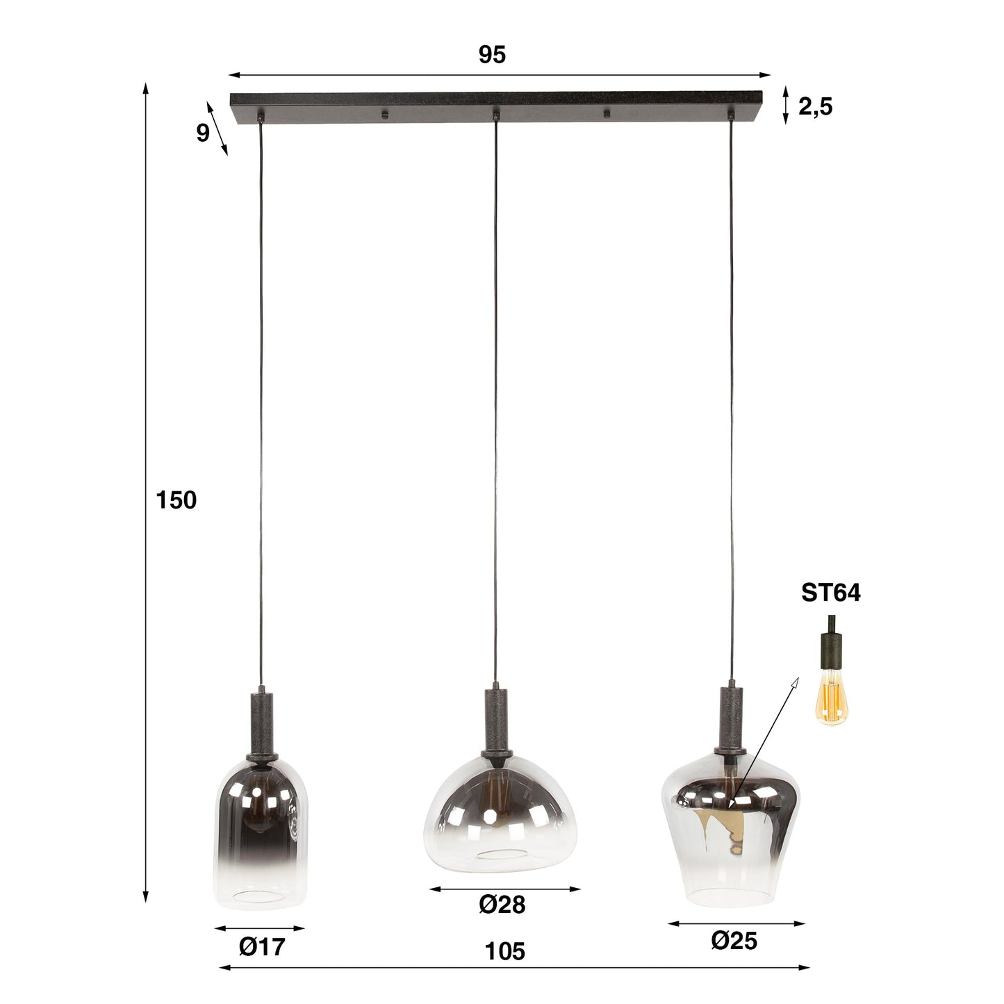 Luxusbetten24 Alveris Pendelleuchte Rauchglas mit Farbverlauf, 3 Formen