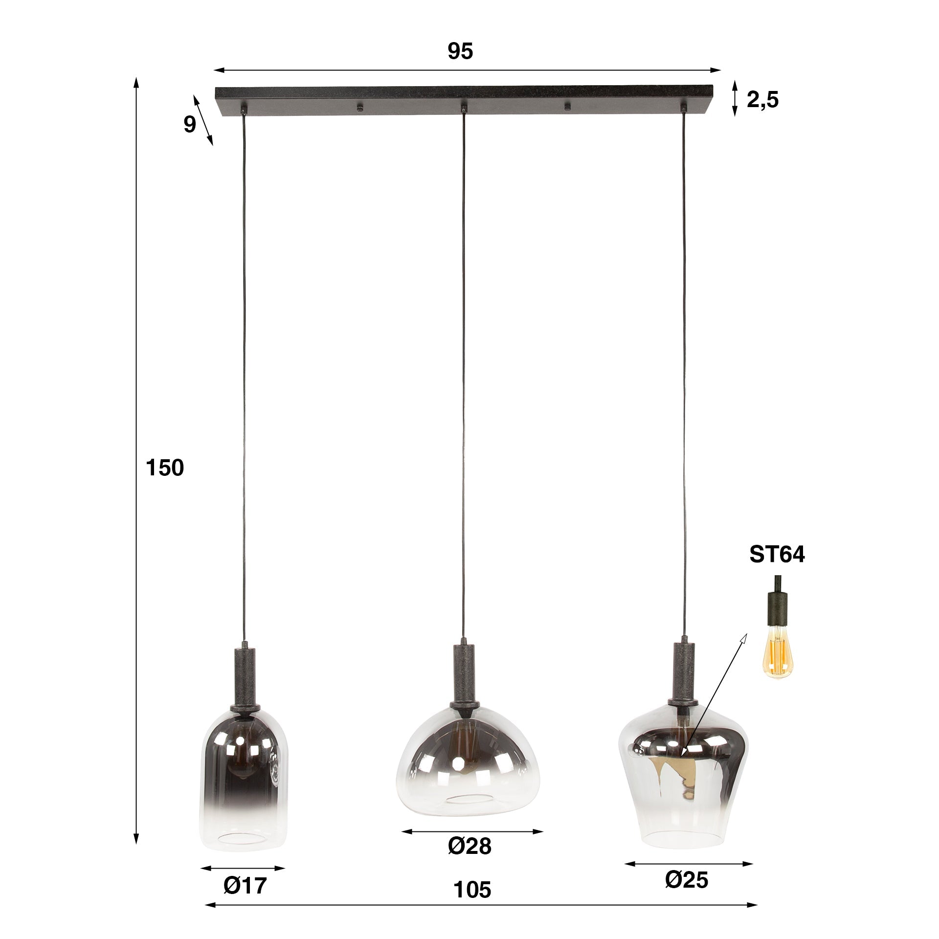Luxusbetten24 Alveris Pendelleuchte Rauchglas mit Farbverlauf, 3 Formen