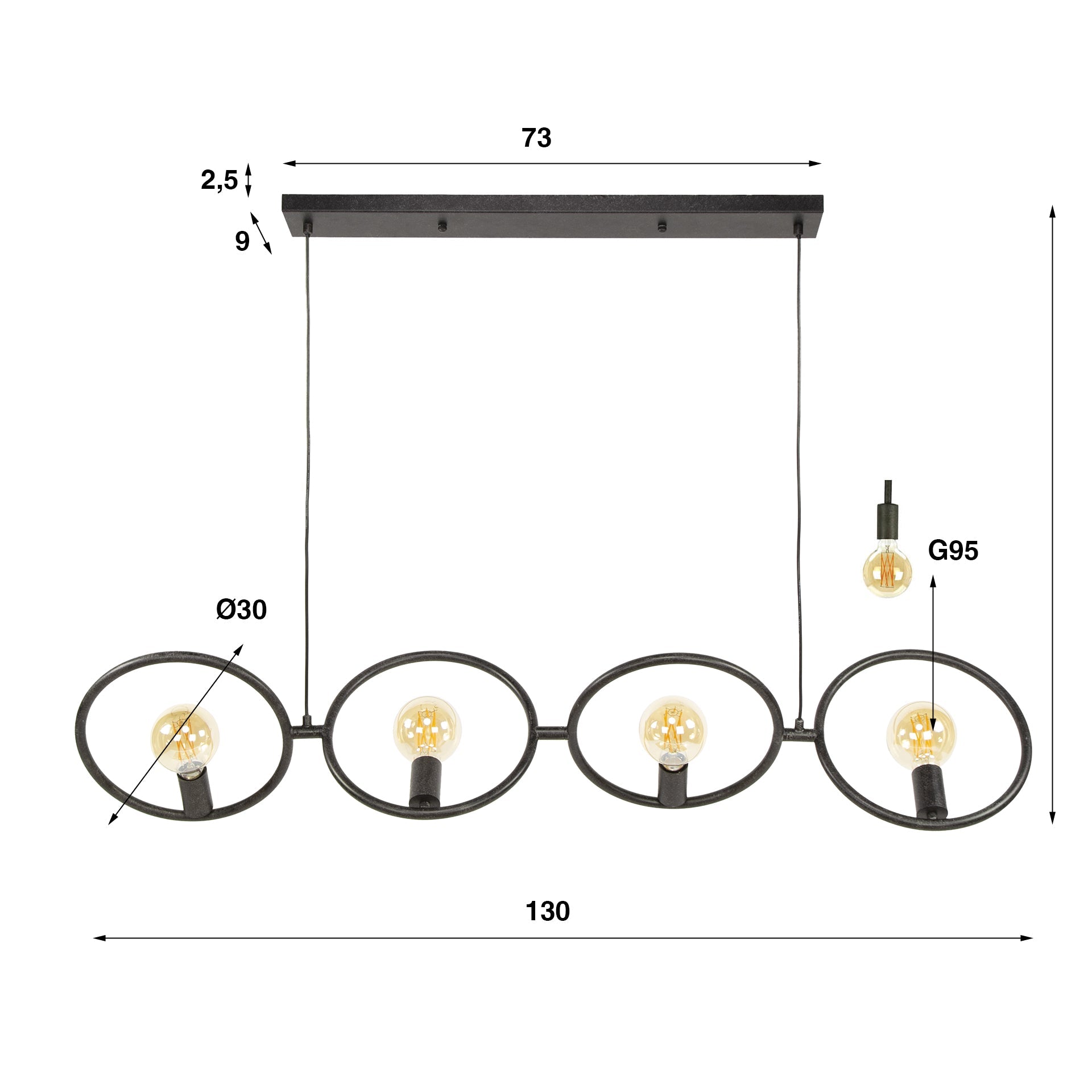 Luxusbetten24 Orlina Pendelleuchte Arktisch Schwarz Metall Loop Design 4‑er‑Set
