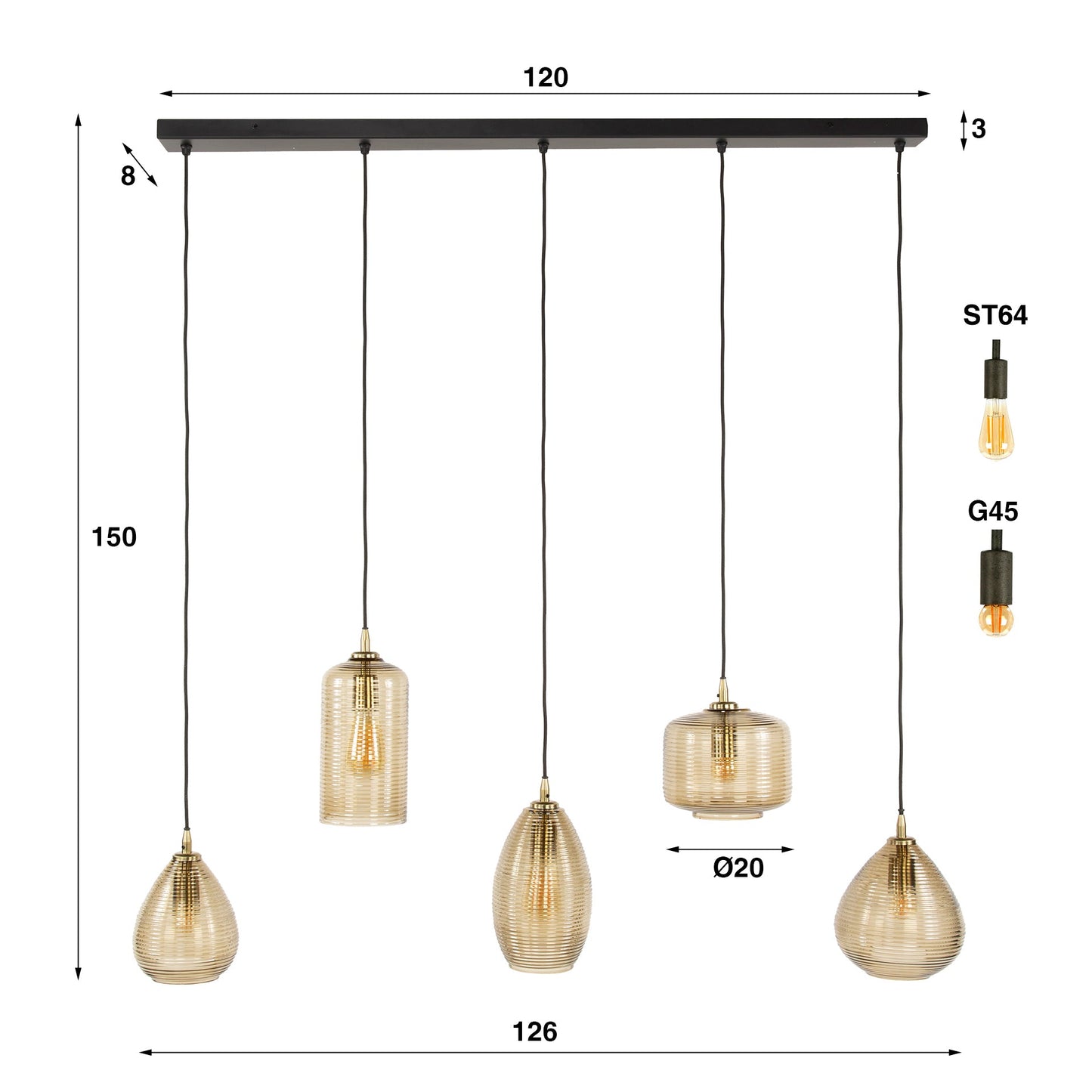 Pendelleuchte Lumira – Handgefertigte Glasschirme in Smoke-Braun (5-flammig)