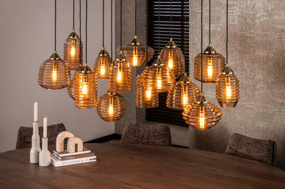 Luxusbetten24 Solaro Pendelleuchte Rib‑Glass Design mit 15 Leuchten Bernstein