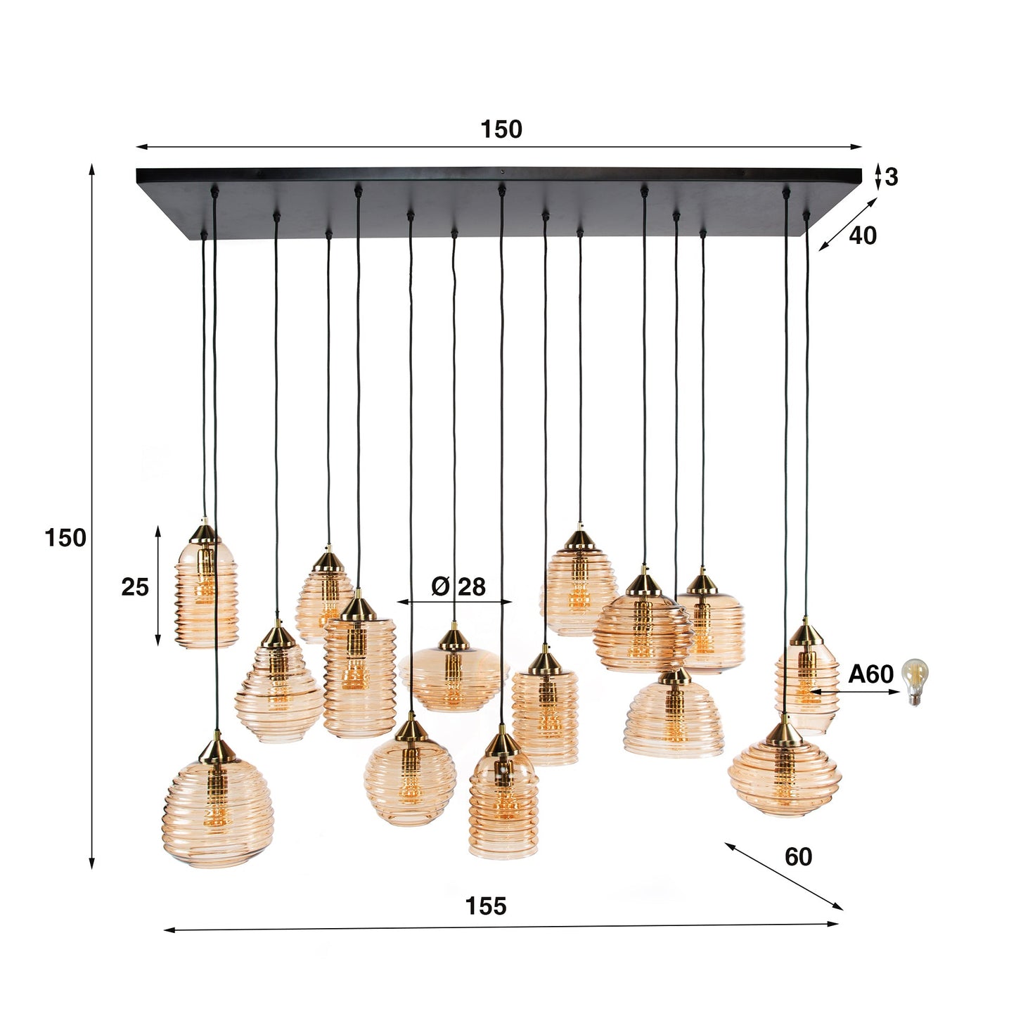 Luxusbetten24 Solaro Pendelleuchte Rib‑Glass Design mit 15 Leuchten Bernstein