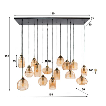 Luxusbetten24 Solaro Pendelleuchte Rib‑Glass Design mit 15 Leuchten Bernstein