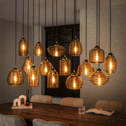 Luxusbetten24 Solaro Pendelleuchte Rib‑Glass Design mit 15 Leuchten Bernstein