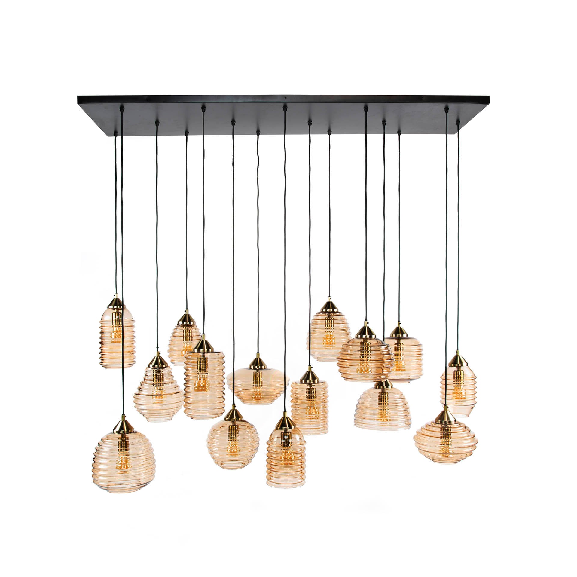 Luxusbetten24 Solaro Pendelleuchte Rib‑Glass Design mit 15 Leuchten Bernstein