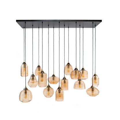 Luxusbetten24 Solaro Pendelleuchte Rib‑Glass Design mit 15 Leuchten Bernstein