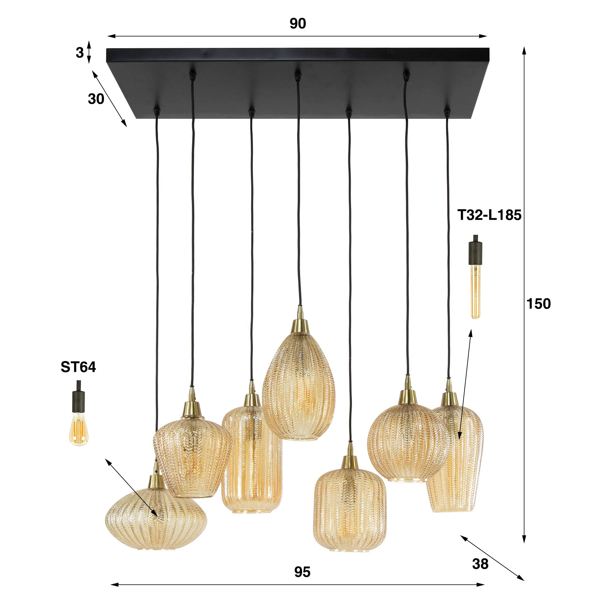 Luxusbetten24 Pendelleuchte Lumina Handgefertigte Lampenschirme Aus Glas Amberfarben