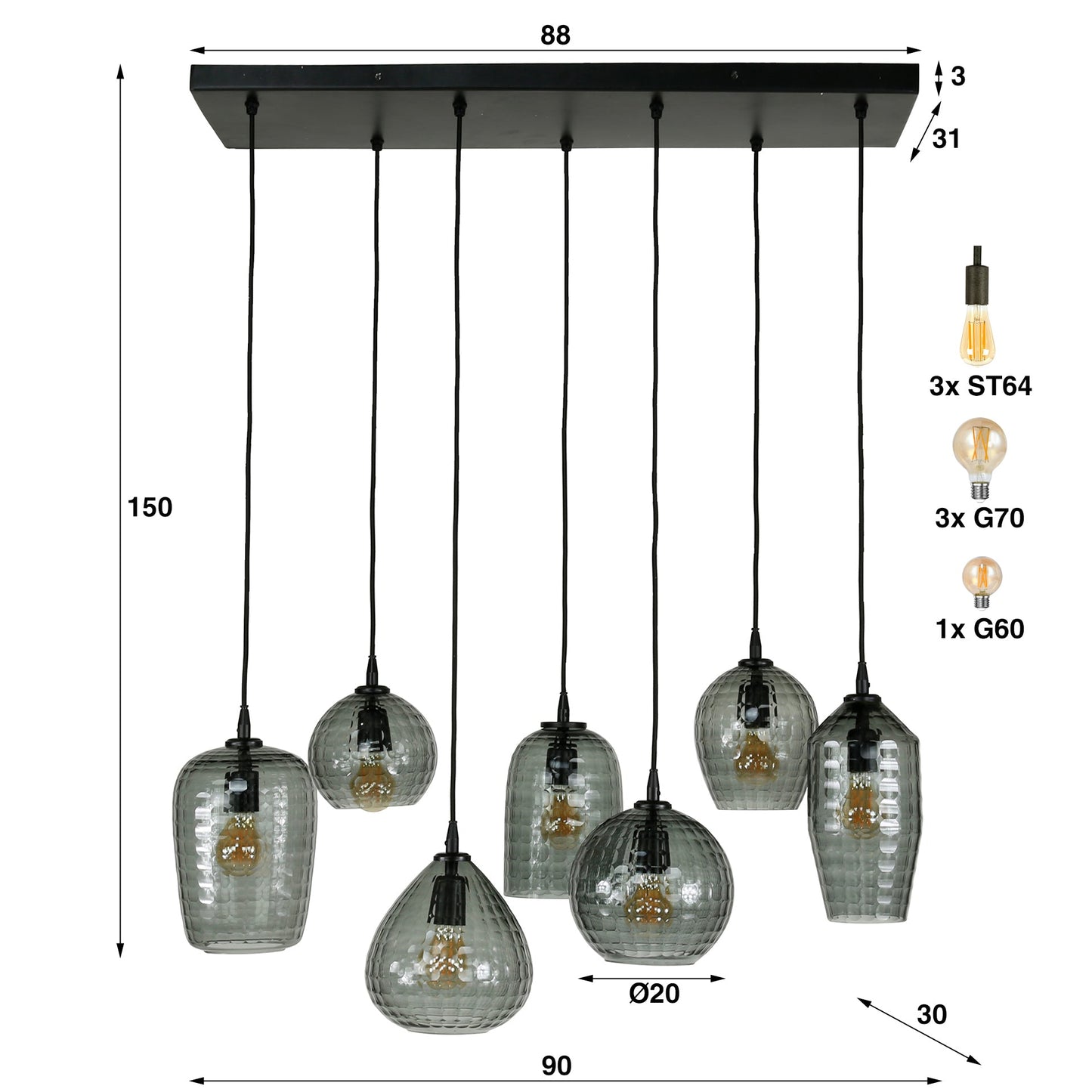 Aurelia Pendelleuchte mit 7 Leuchten, Rauchglas-Design, Metallarmatur, Luxus