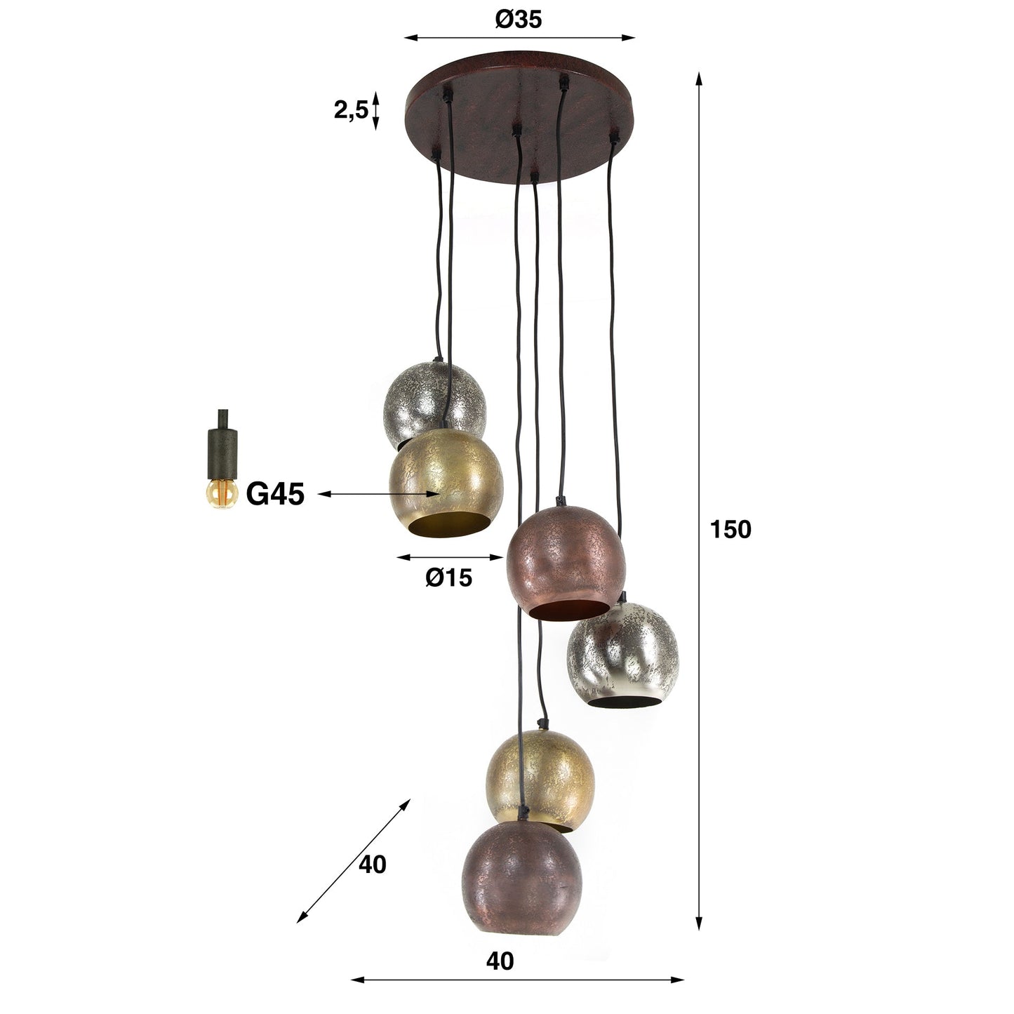 Pendelleuchte Velluto – Metall‑Farbkombination Chrom Gold Kupfer