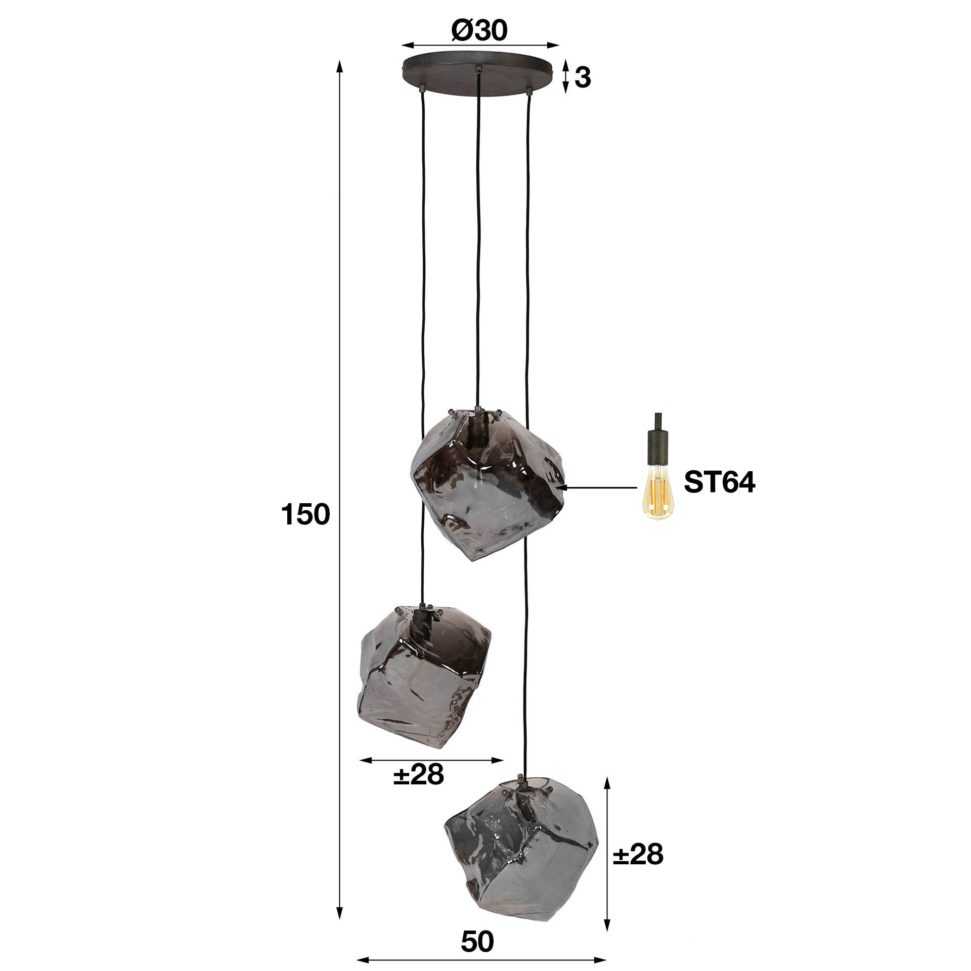 Luxusbetten24 Caelus Pendelleuchte aus Mundgeblasenem Chromglas, 3‑stufige Moderne Leuchte