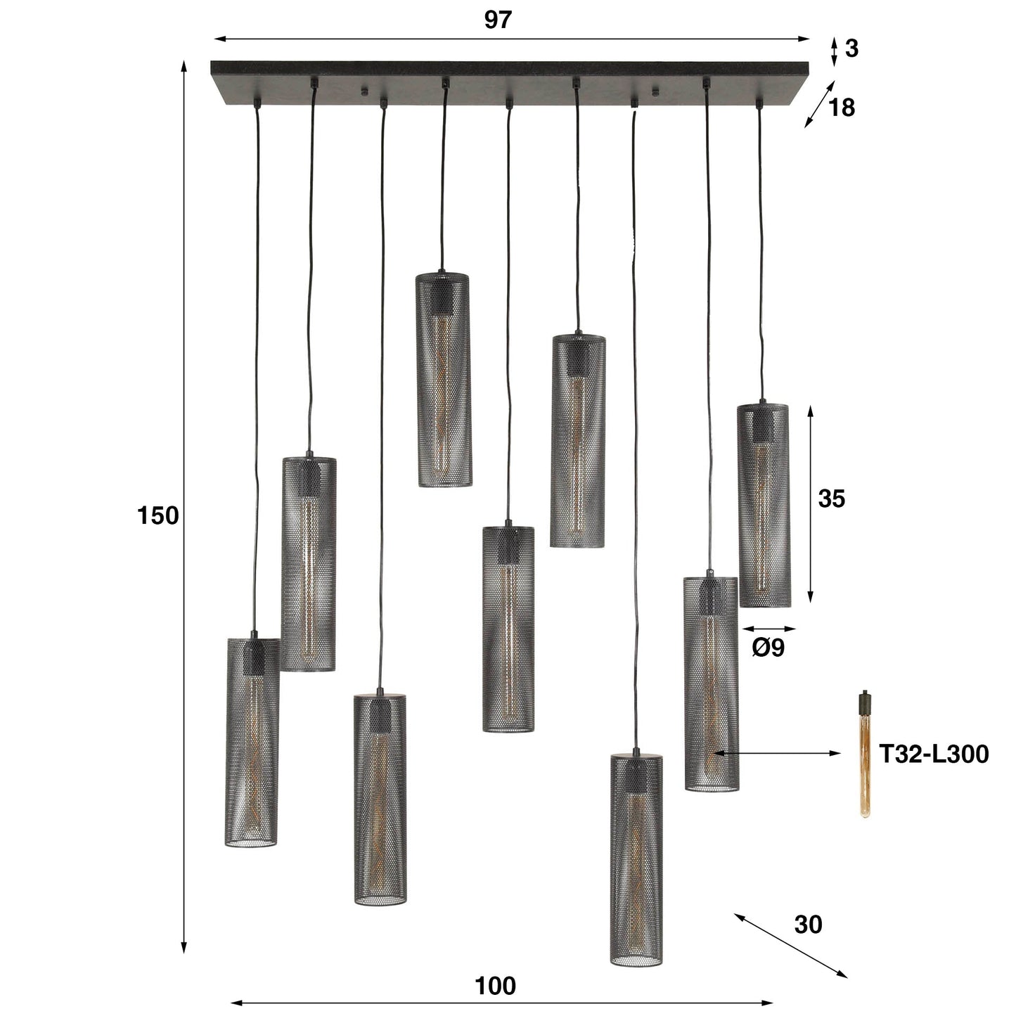 Pendelleuchte „Marcella“ – Mit 9 Leuchten in Edlem Schwarzen Tube-Mesh-Design