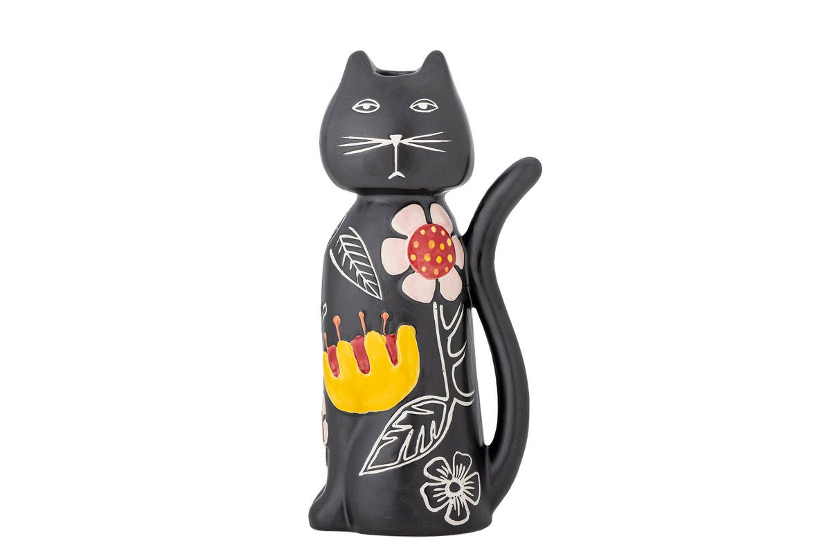 Luxusbetten24 Nera Kerzenhalter – Handbemalte Katzenfigur mit floralen Akzenten, Schwarz