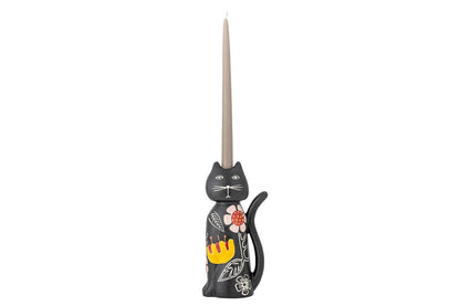 Luxusbetten24 Nera Kerzenhalter – Handbemalte Katzenfigur mit floralen Akzenten, Schwarz