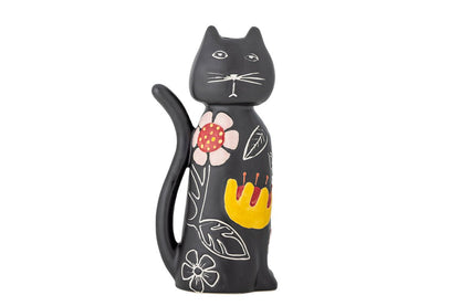 Luxusbetten24 Nera Kerzenhalter – Handbemalte Katzenfigur mit floralen Akzenten, Schwarz