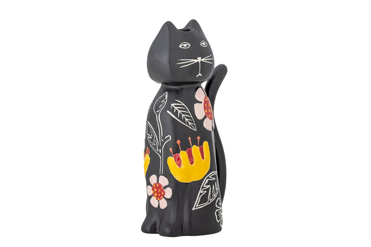 Luxusbetten24 Nera Kerzenhalter – Handbemalte Katzenfigur mit floralen Akzenten, Schwarz