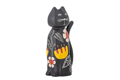 Luxusbetten24 Nera Kerzenhalter – Handbemalte Katzenfigur mit floralen Akzenten, Schwarz