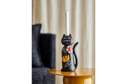 Luxusbetten24 Nera Kerzenhalter – Handbemalte Katzenfigur mit floralen Akzenten, Schwarz