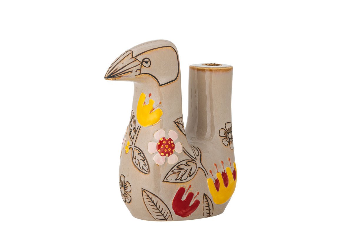 Kerzenhalter Aviya – Handbemalte Vogelfigur mit Floralen Details, Bunt