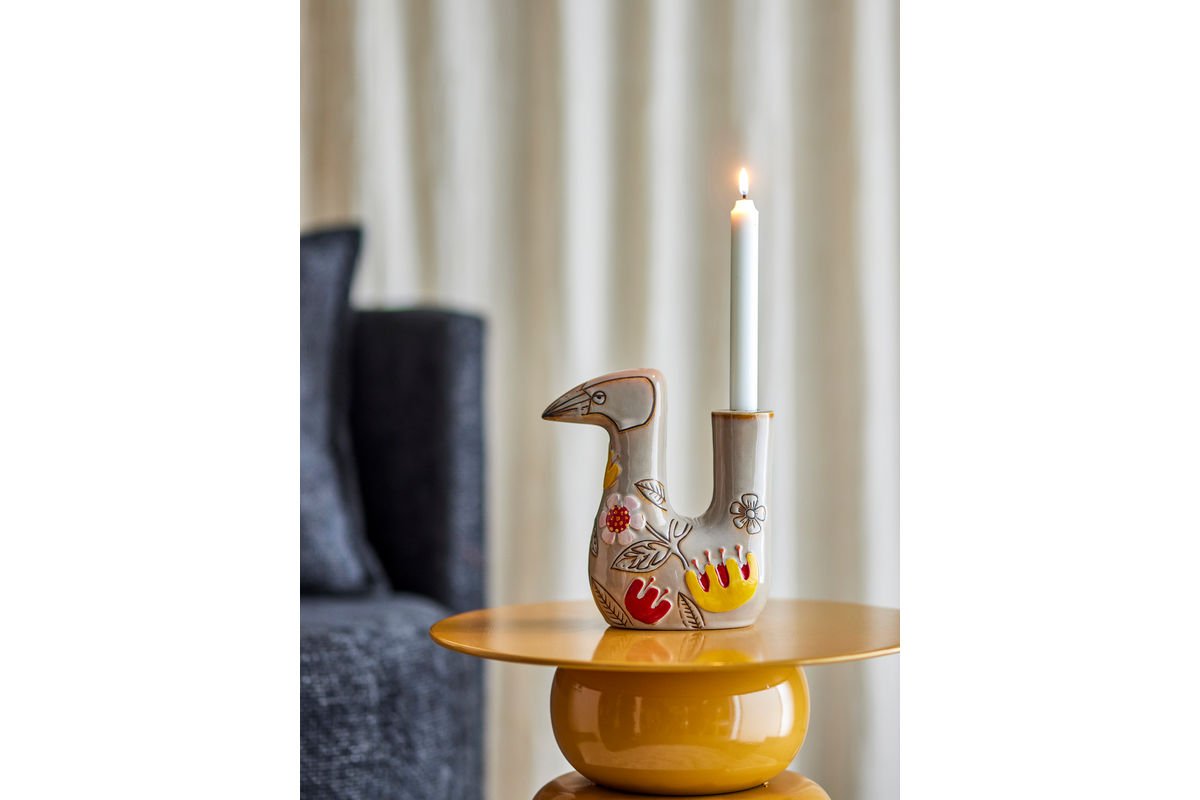 Kerzenhalter Aviya – Handbemalte Vogelfigur mit Floralen Details, Bunt