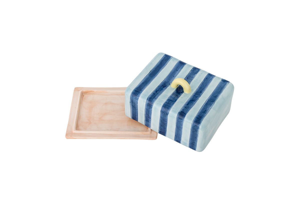 Luxusbetten24 Butterdose Eleni Handbemalt Streifendesign Glänzende Glasur Bunt