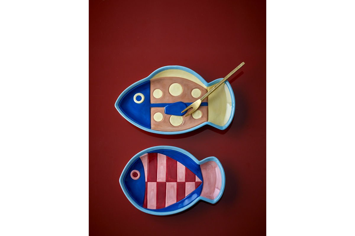 Marino Teller 2er-Set aus Steingut, Fischform, Handbemaltes Relief, Bunt