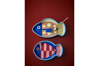 Marino Teller 2er-Set aus Steingut, Fischform, Handbemaltes Relief, Bunt