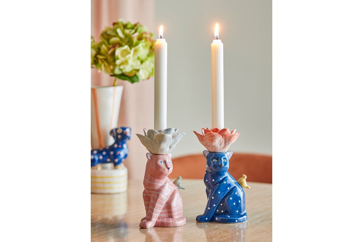 Luxusbetten24 Kerzenhalter Felinea Katzenmotiv mit reaktiver Glasur 2er-Set