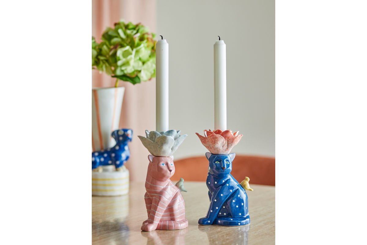Luxusbetten24 Kerzenhalter Felinea Katzenmotiv mit reaktiver Glasur 2er-Set