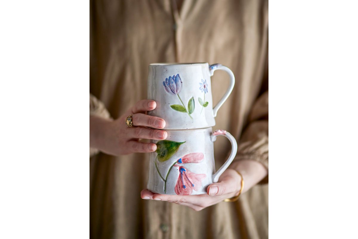 Luxusbetten24 Luni 2er Becher-Set Steingut Bunt mit Floralen Motiven