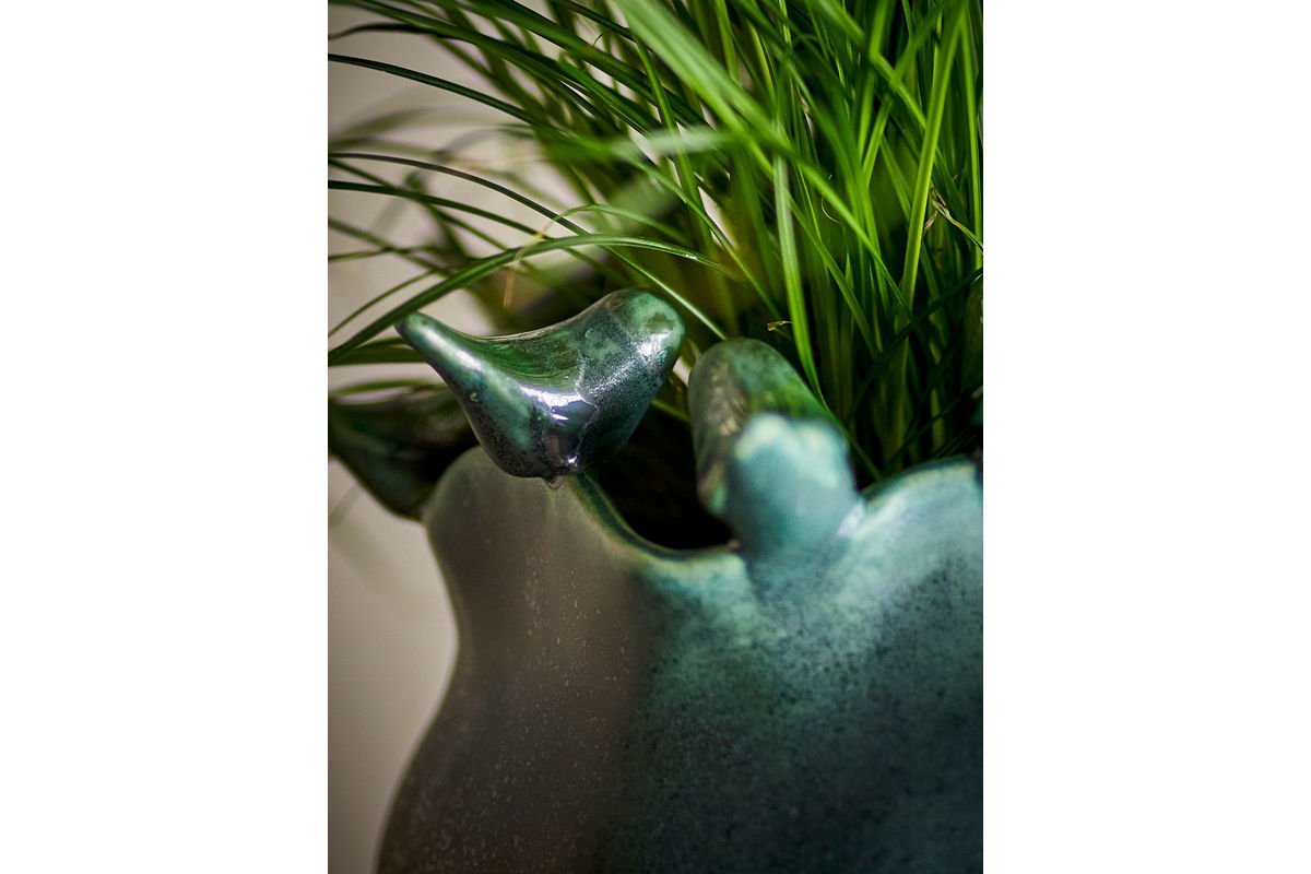Fiora Blumentopf Steingut mit Verspielten Vogeldetails Grün Dekorativ
