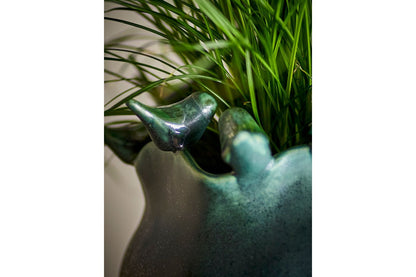 Fiora Blumentopf Steingut mit Verspielten Vogeldetails Grün Dekorativ