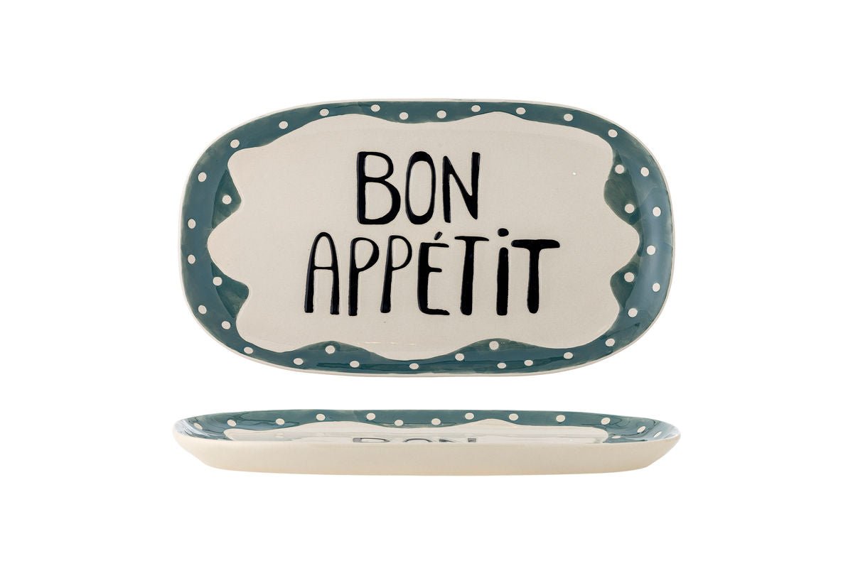 Luxusbetten24 Sola Handbemalte Steingutplatte mit „Bon Appétit“-Detail, Bunt