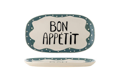 Luxusbetten24 Sola Handbemalte Steingutplatte mit „Bon Appétit“-Detail, Bunt