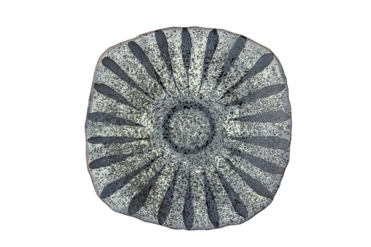 Servierplatte Ruby – handbemalte Steingutplatte in Grau mit Sonnenmotiv