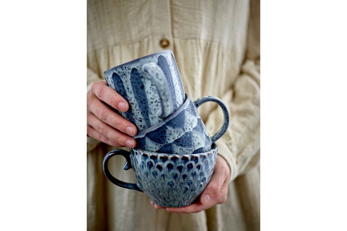 Luxusbetten24 Ula Becher-Set aus Steingut, Grau/Blau