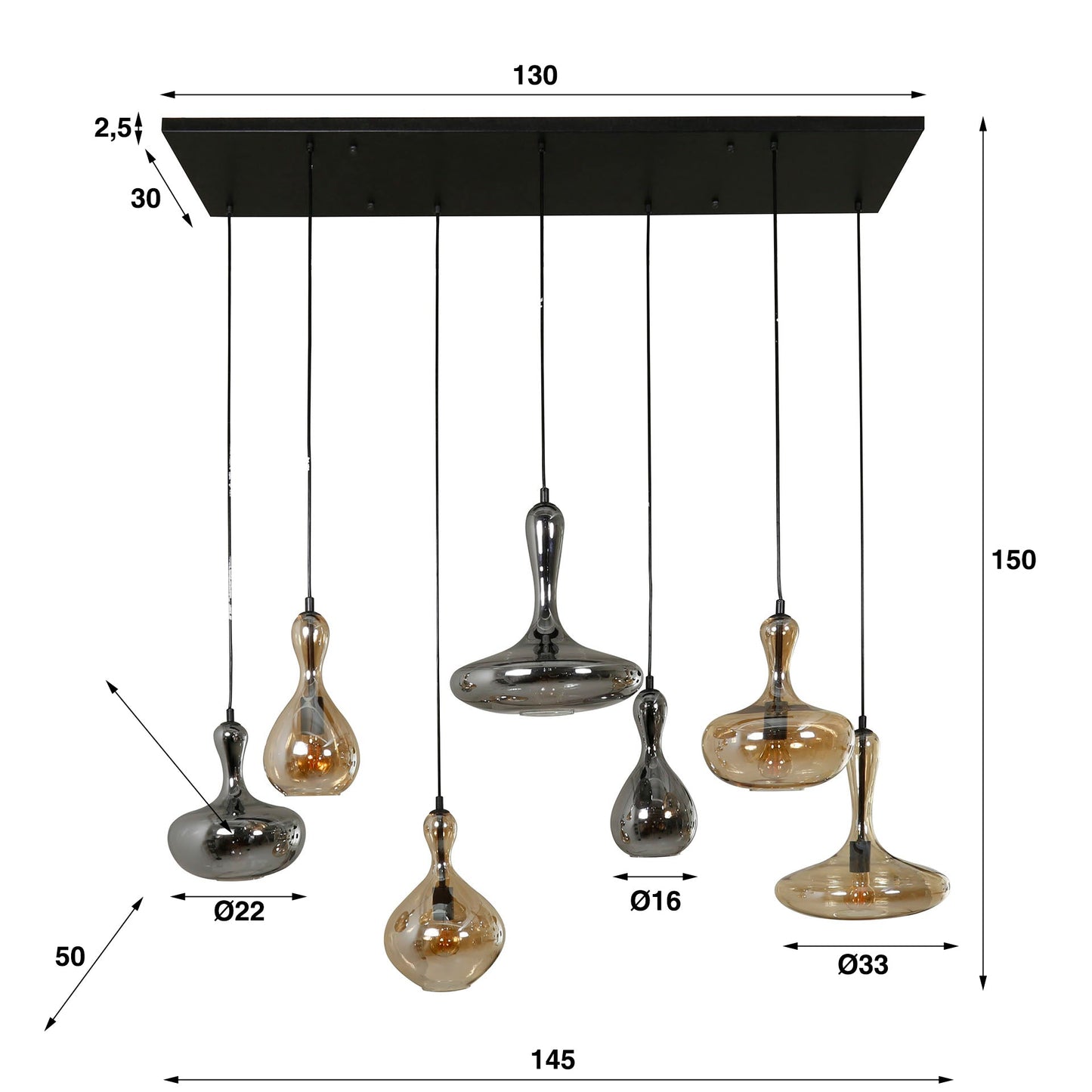 Luxusbetten24 Viretta Pendelleuchte, Schwarze Metall‑Armatur, 7 Glasschirme