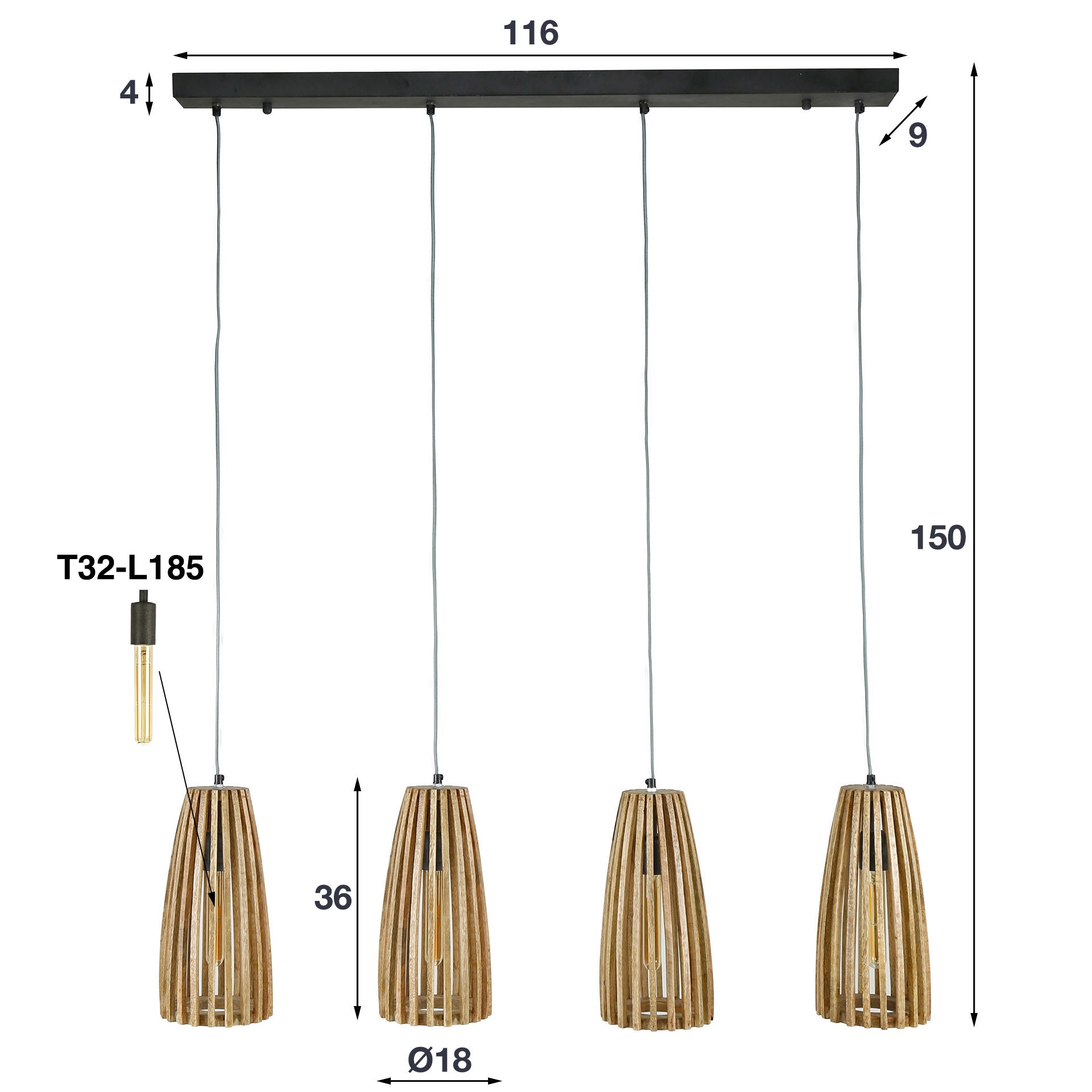 Pendelleuchte Orenda – 4 Leuchten mit Lampenschirmen aus Mangoholz