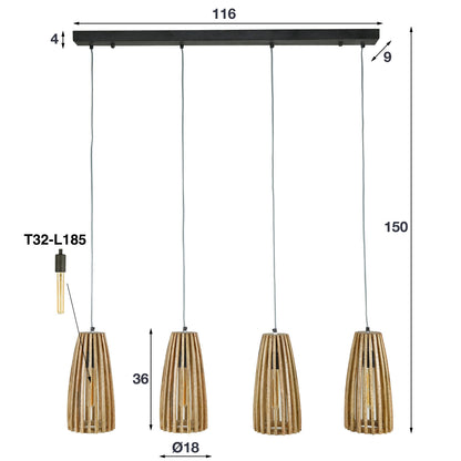 Pendelleuchte Orenda – 4 Leuchten mit Lampenschirmen aus Mangoholz