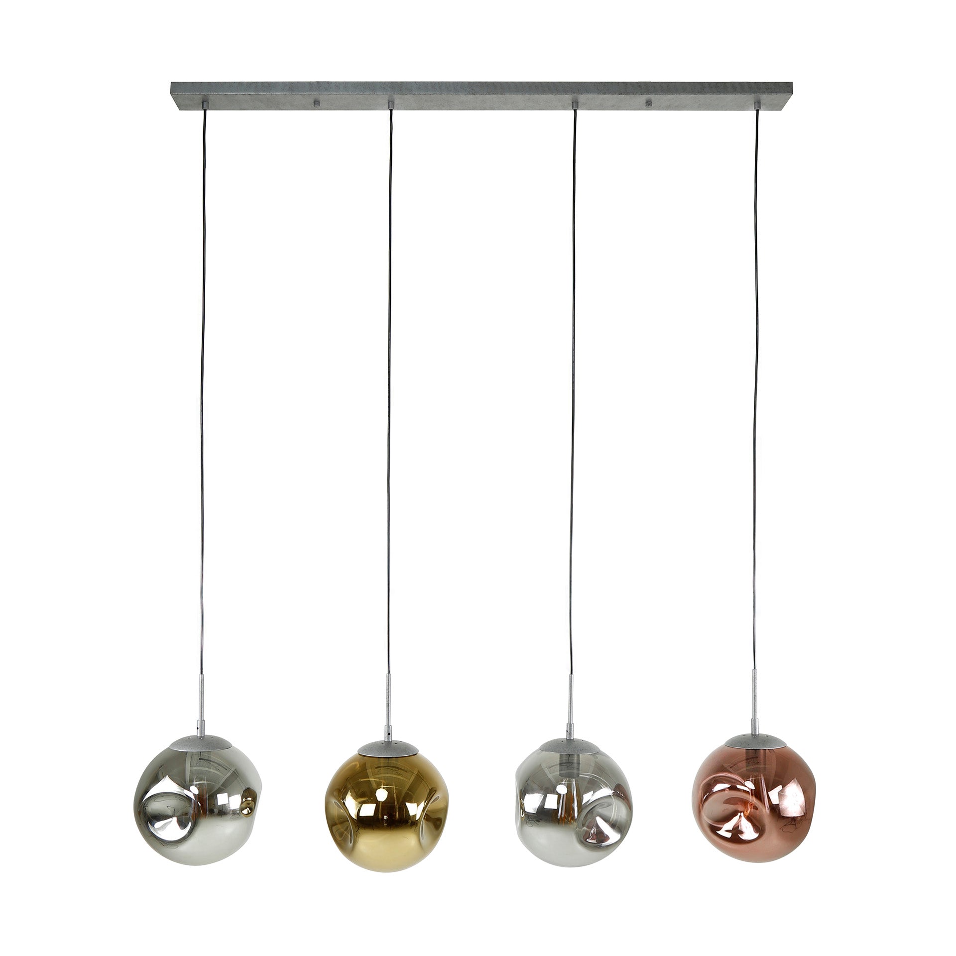 Virelli Pendelleuchte – 4 Leuchten in Metall-Farbkombination Gold, Kupfer und Chrom