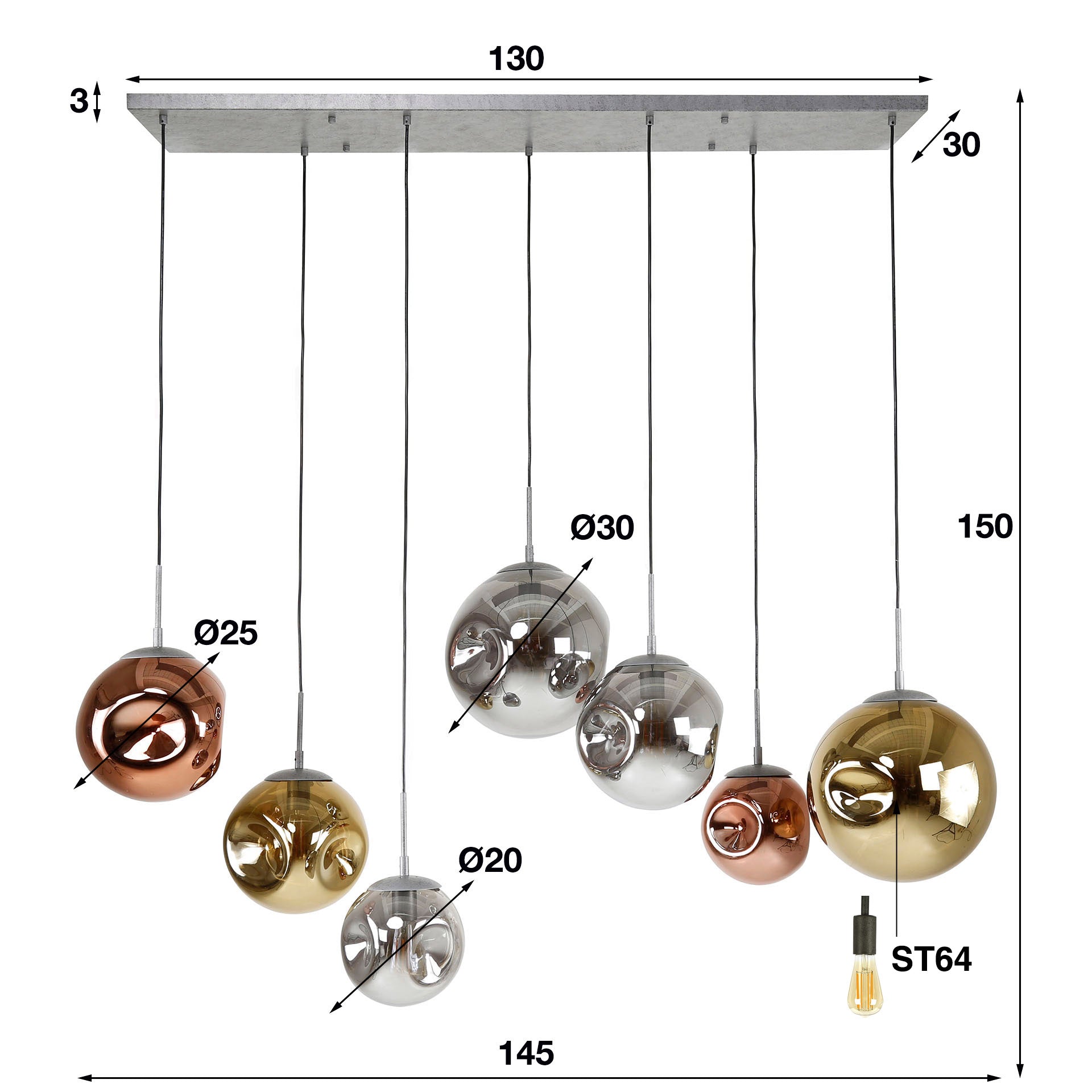 Pendelleuchte Althea – 7 Leuchten Metall‑Farbkombination Gold Kupfer Chrom