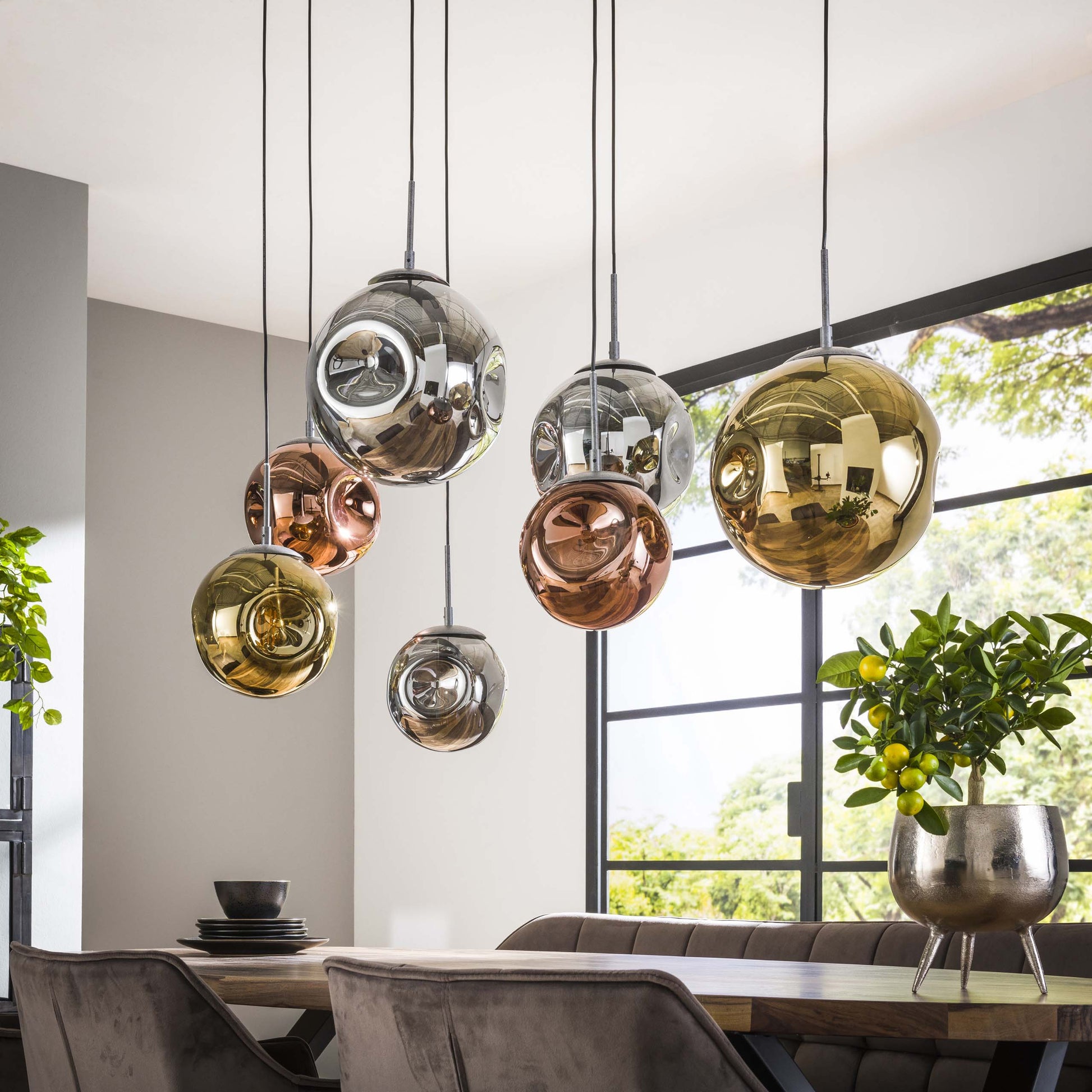 Pendelleuchte Althea – 7 Leuchten Metall‑Farbkombination Gold Kupfer Chrom