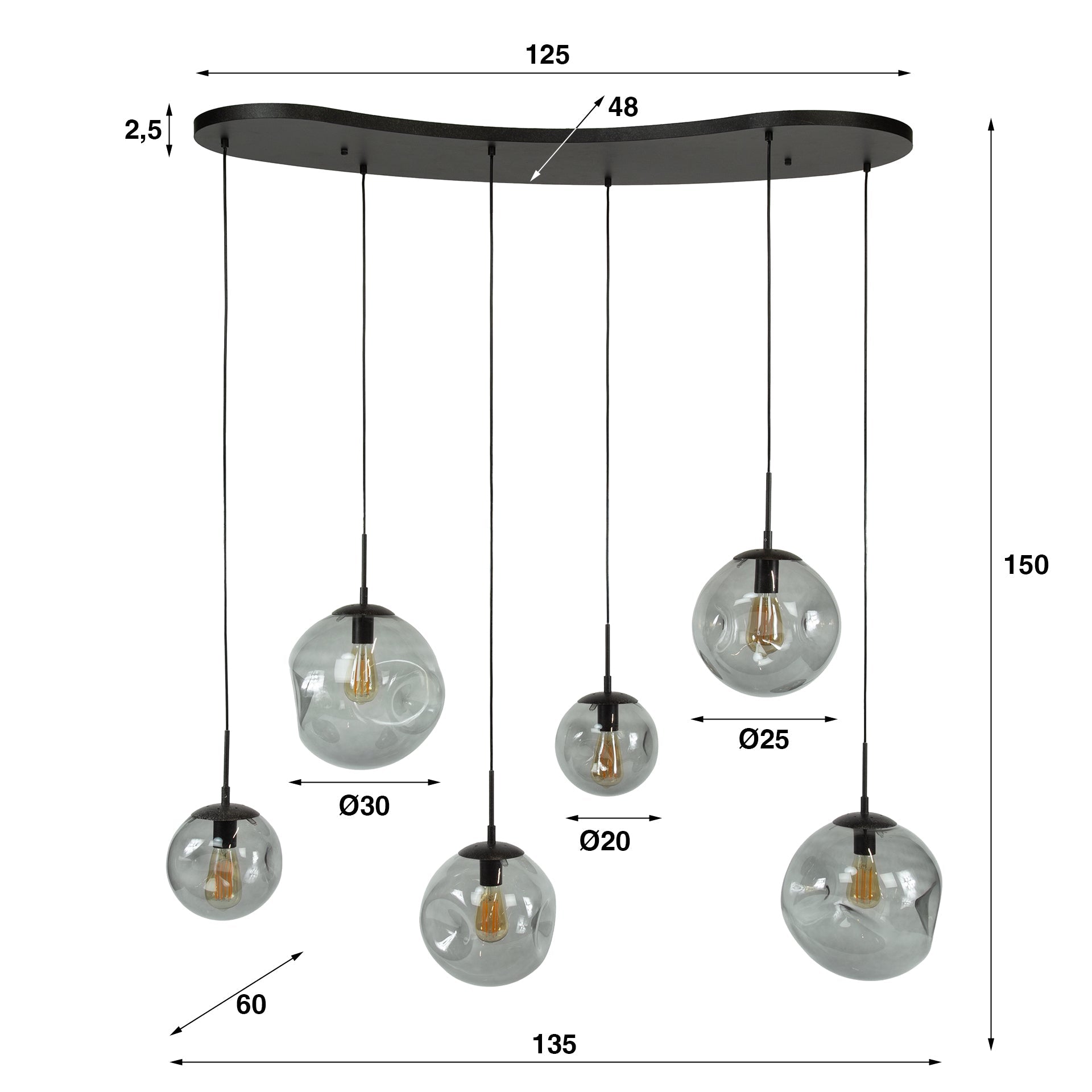 Pendelleuchte Zephyra – 6 Rauchglas Leuchten mit organischem Deckensockel